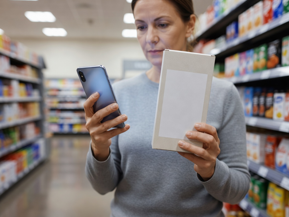 A customer checks product information on a phone while holding the matching package