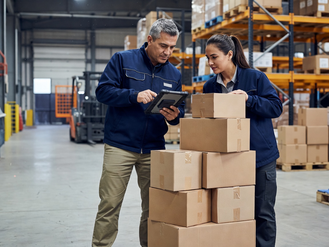 Two logistics colleagues review shipment information beside stacked packages