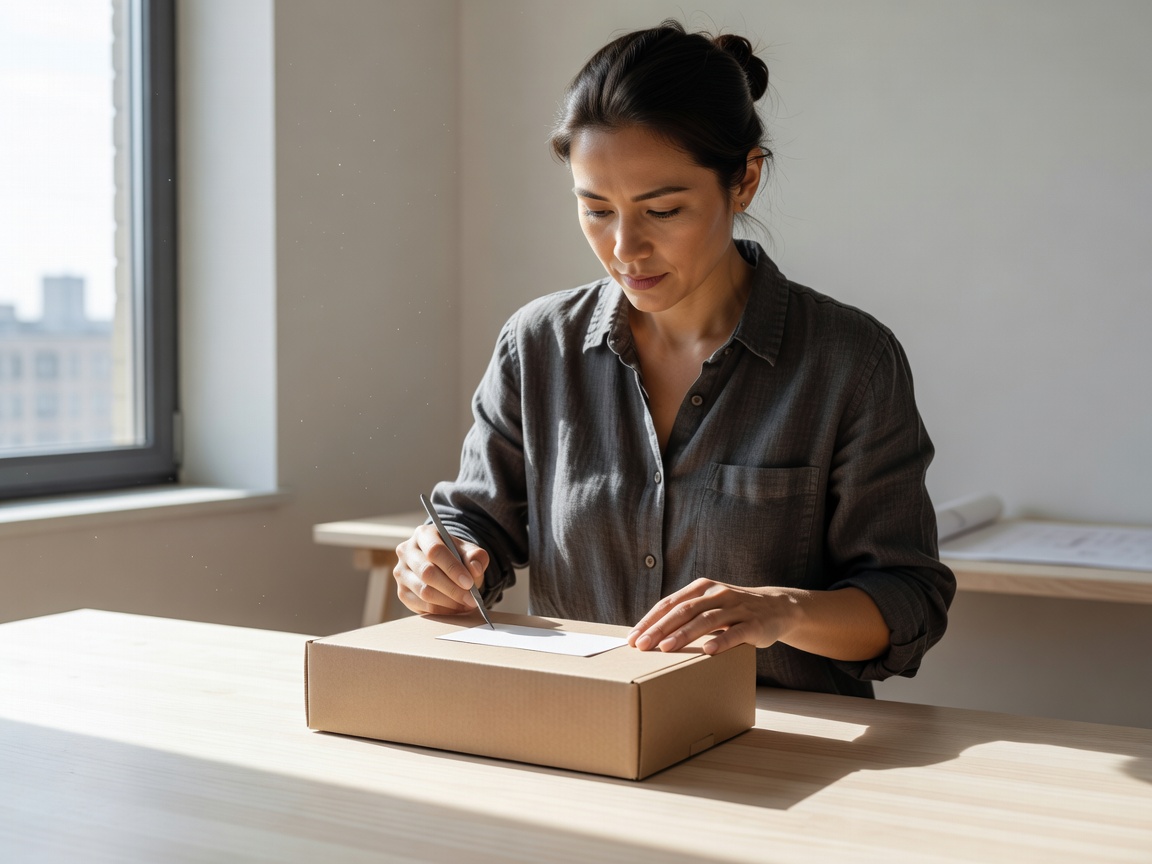 A packaging designer reviews label placement on a product carton near a bright studio window