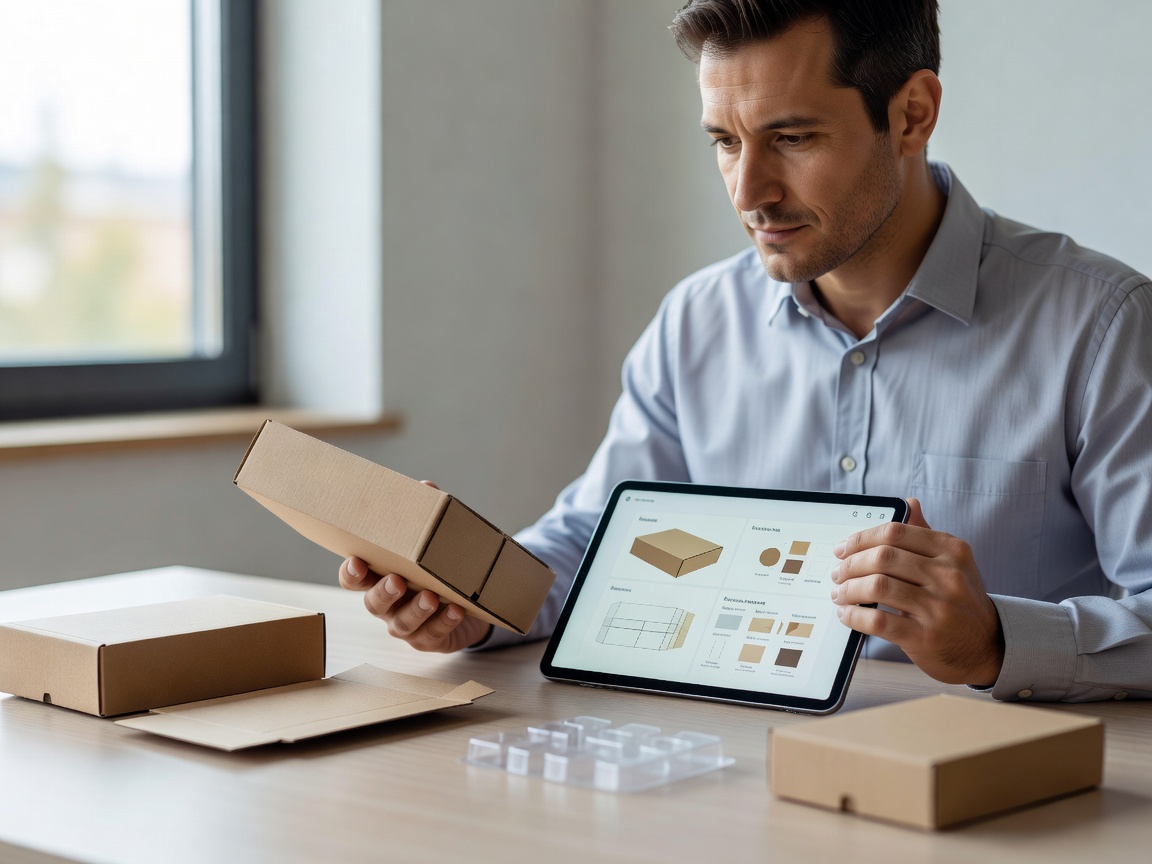 A packaging specialist reviews product packaging and its digital information in natural window light