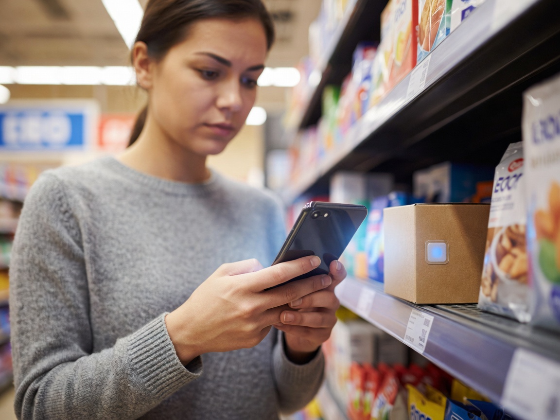 A shopper uses a phone to read a connected label on a packaged product