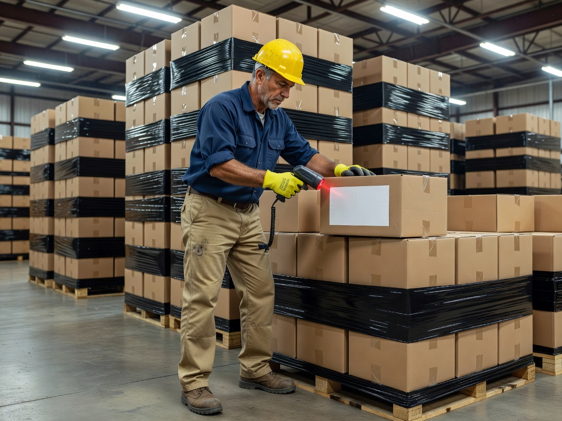 A worker scans a shipment label as boxes move through a clean warehouse
